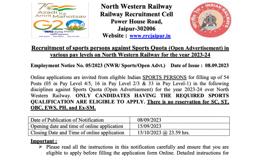 North Western Railway Sports Quota Recruitment Out Check Games