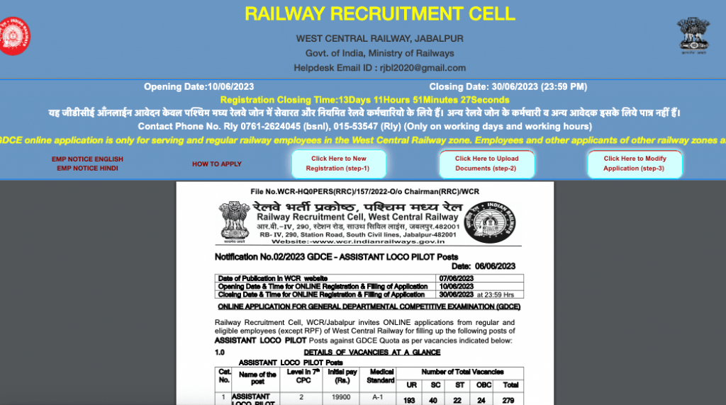 WCR Railway ALP Recruitment 2024 for Assistant Loco Pilot 279 Posts